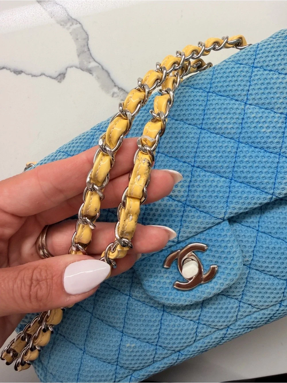 CHANEL Blue Quilted Perforated Jersey Shoulder Bag with  Chain